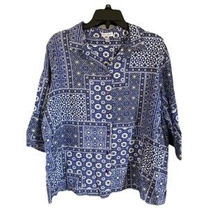 Rebecca Malone Women’s PXL Petite Blouse Button Front Blue Geometric Excellent